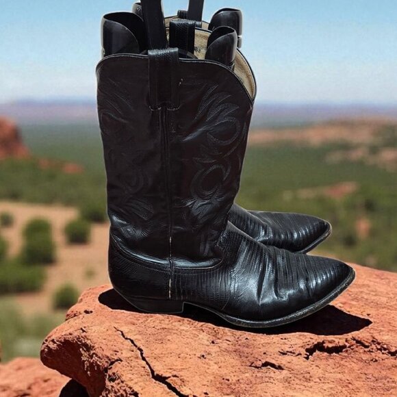 Vtg Larry Mahan Black Leather Cowboy Boots SIze 11 B, made in Texas - Picture 1 of 16